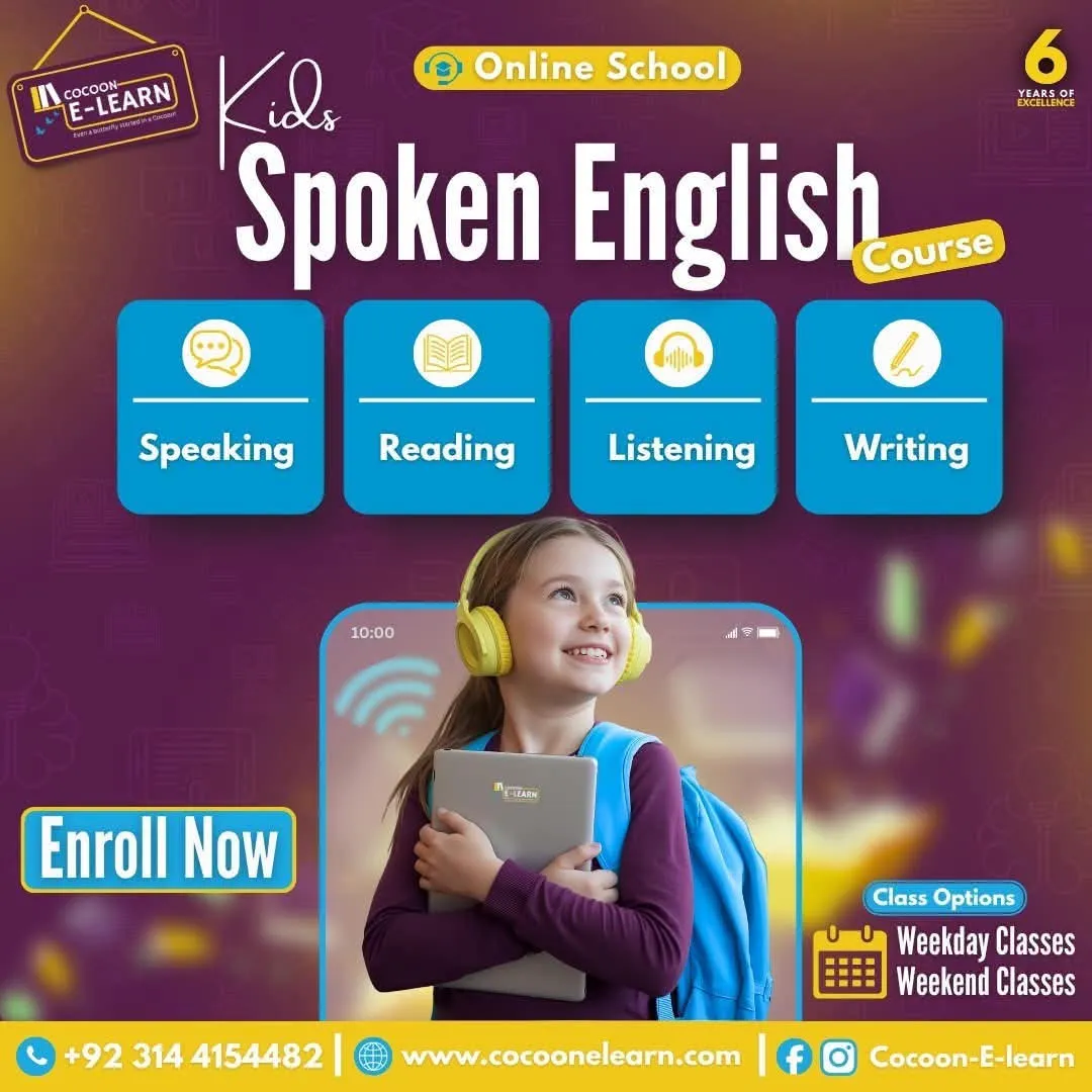 Cocoon E-Learn Kids Spoken English course: speaking, reading, listening and writing, with weekday and weekend class options.